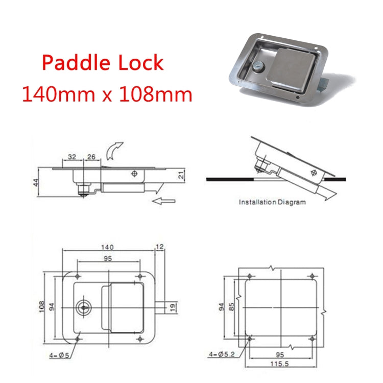 Paddle lock diagram with dimensions and installation view for stainless steel latch