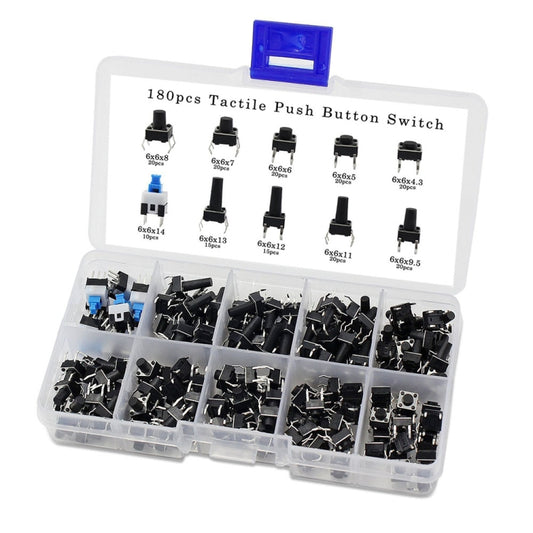 Tactile push button switch kit in organizer case with assorted black micro switches