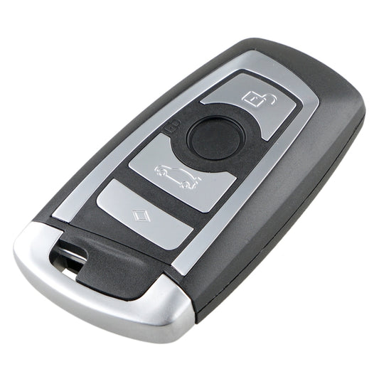 Black car key fob with silver buttons and lock/unlock icons, flip-out metal key holder