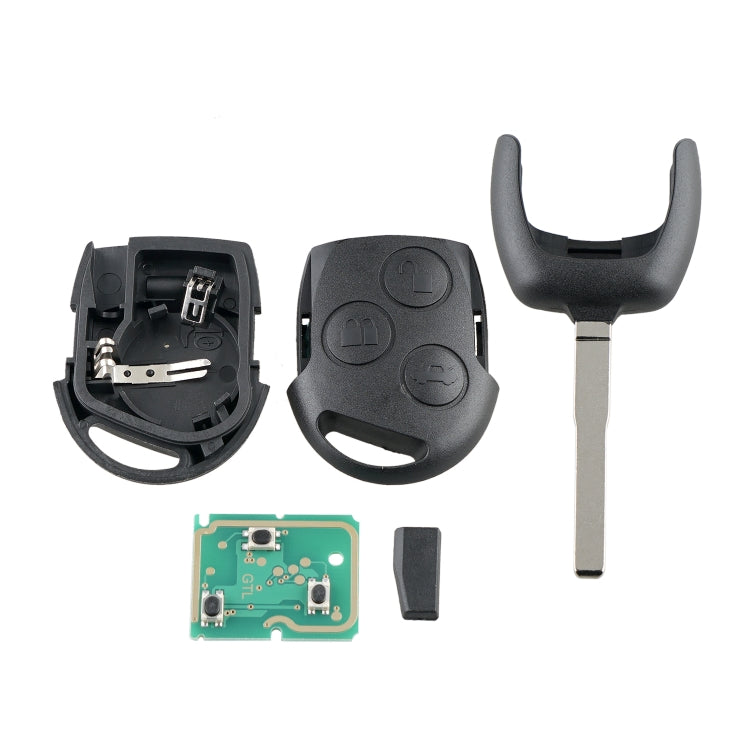 Car key fob set with opened case, circuit board, and metal key blade