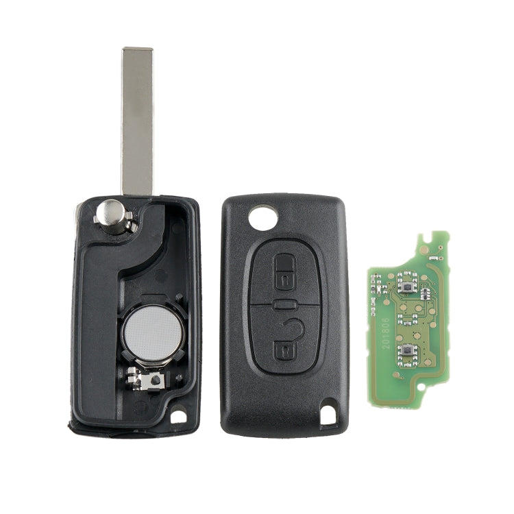 Car key fob parts set: key case halves, metal blade, and green PCB circuit board