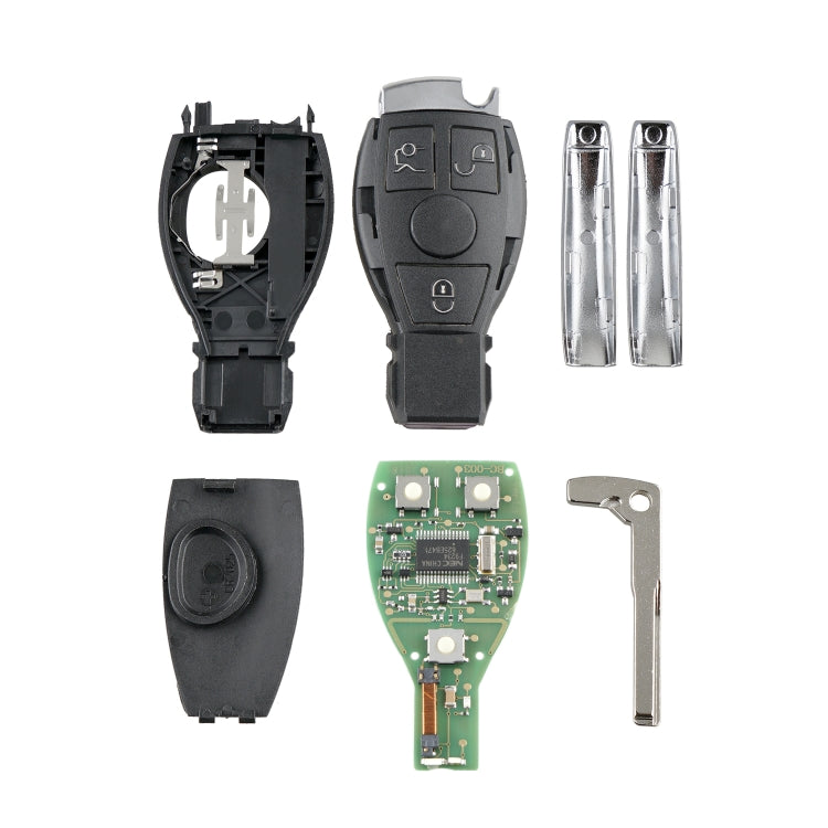 Remote key fob set shown: casings, circuit board, keys, and battery contacts