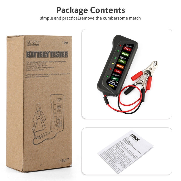 TIROL battery tester package contents: tester unit, red/black clips, and instruction paper