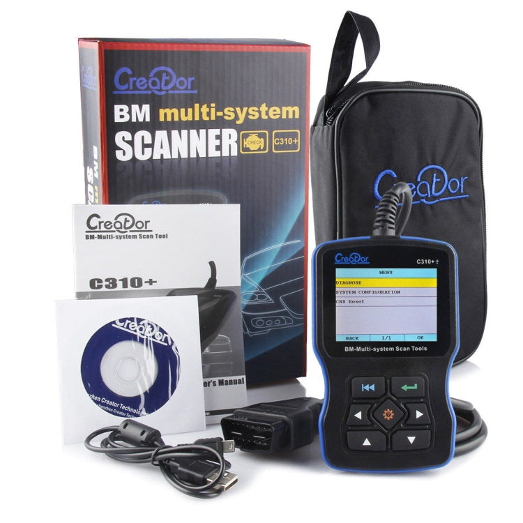 OBD2 car diagnostic scanner kit with blue-and-black handheld unit, box, pouch, and cables