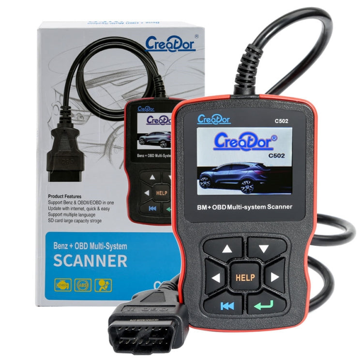 Car OBD2 multi-system scanner kit with screen unit, cable, and retail box packaging