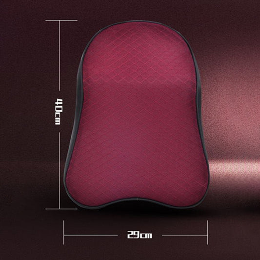 Car neck pillow in burgundy, curved headrest shape with quilted breathable fabric