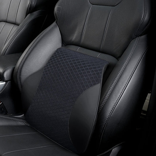 Black car lumbar support pillow with quilted grid fabric and curved shape