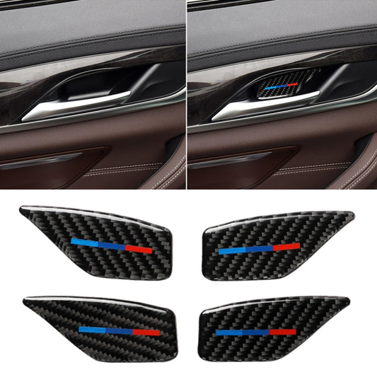 BMW door inner handle wrist panel sticker, carbon fiber look with blue/red stripes