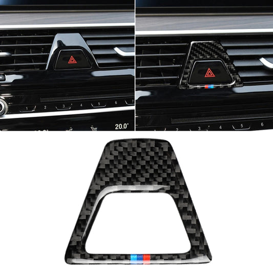 Triangular carbon fiber warning light sticker with red hazard icon and tricolor stripe