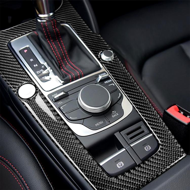 Carbon fiber gear position panel sticker installed on center console trim, black