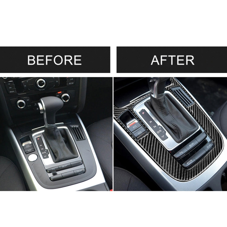 Before and after view: carbon fiber-pattern gear shift panel sticker installed