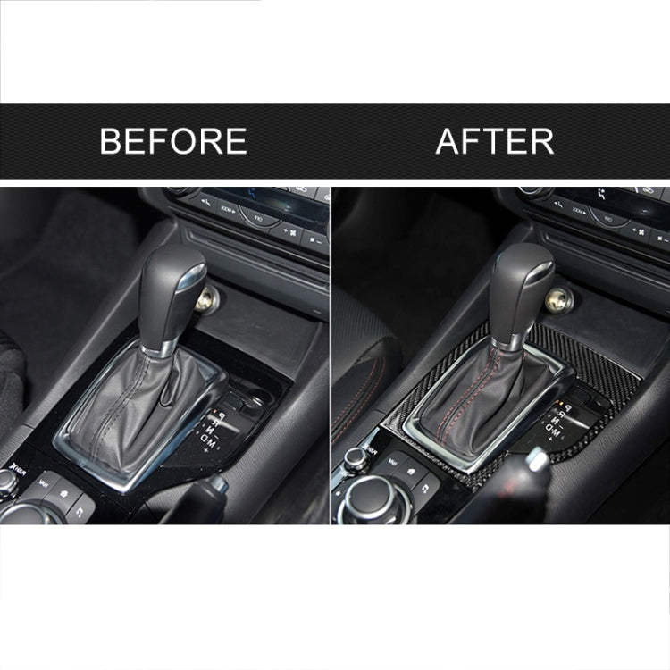 Carbon fiber gear frame trim installed by the shifter, shown before and after