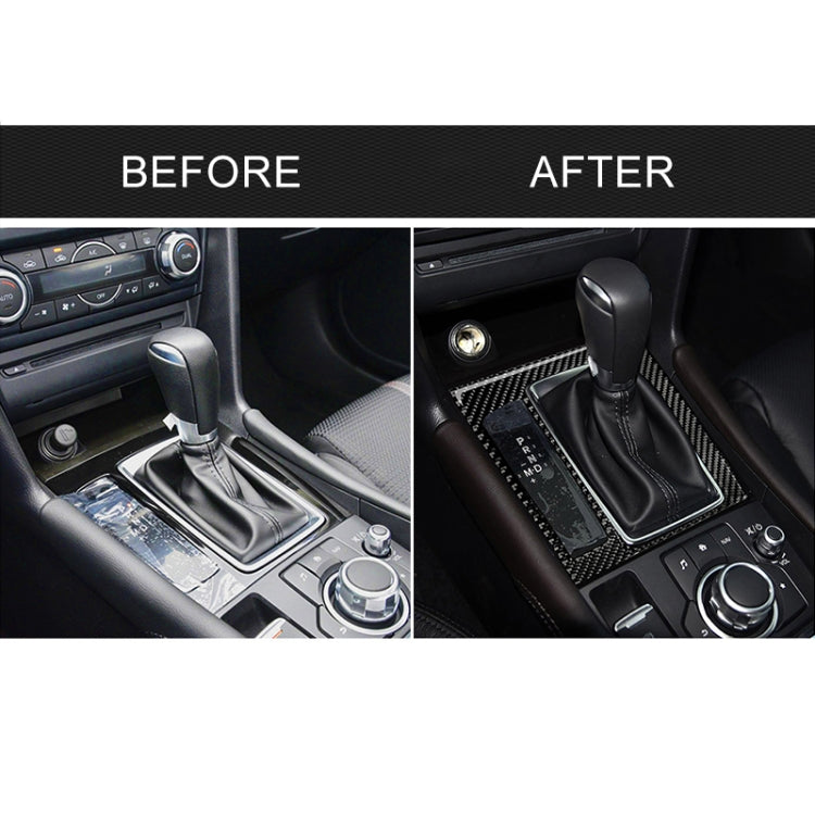 Before-and-after view of Mazda gear area with carbon fiber-look trim installed