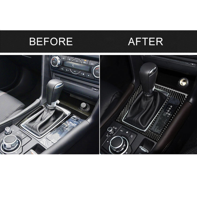 Carbon fiber gear console trim sticker shown before and after around shifter