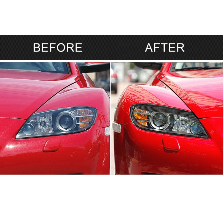 Before-and-after headlight eyebrow on red car, black carbon fiber trim