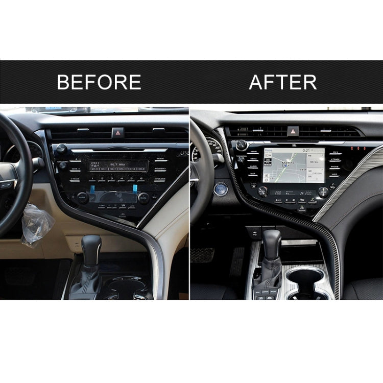 Center console before-and-after view with carbon fiber-look trim sticker installed
