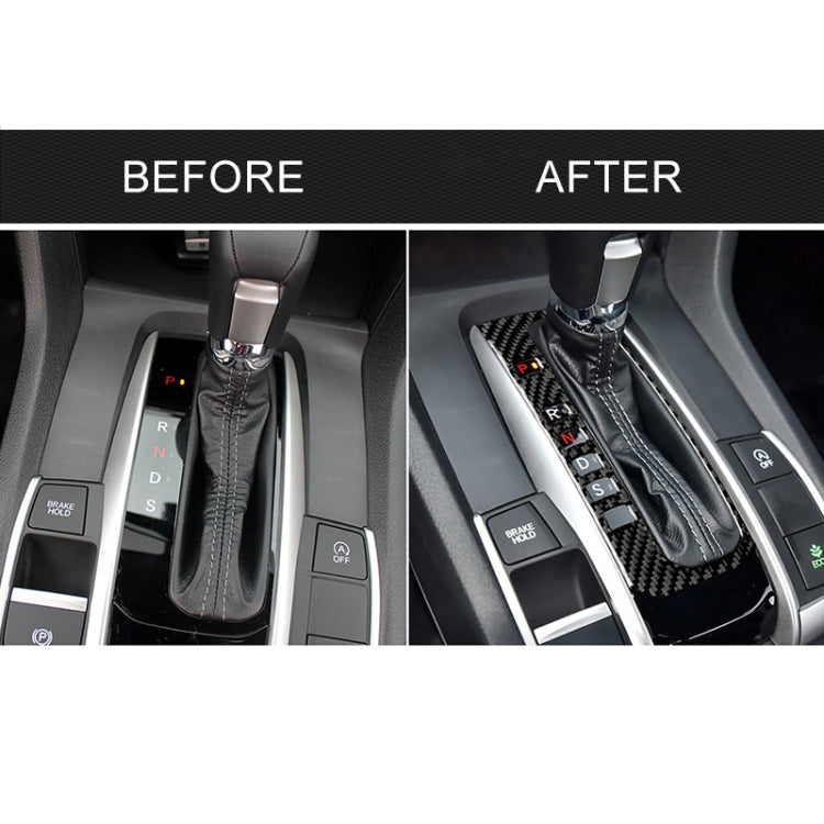 Before-and-after view showing carbon fiber gear position button frame trim installed