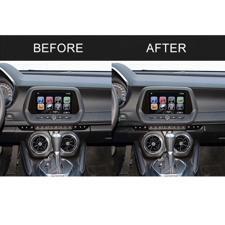 Car center console trim before-and-after showing carbon fiber sticker application