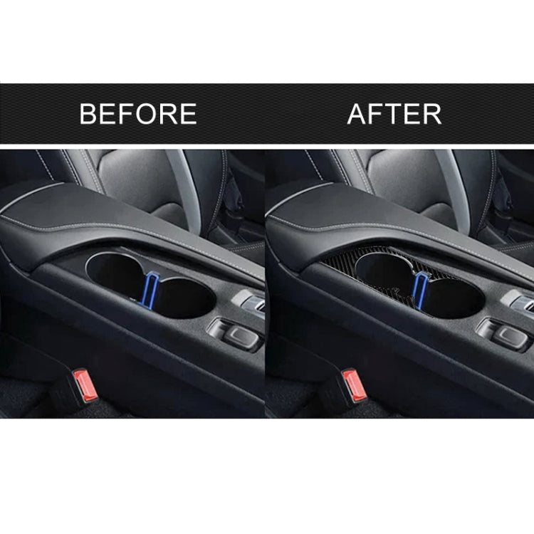 Carbon fiber cup holder trim sticker shown before-and-after on interior cup holder