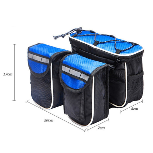Bicycle front phone bag, blue and black with multiple pockets and braided zipper pull