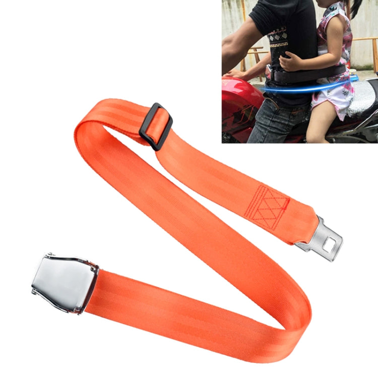 Orange car seat safety belt with metal buckle and adjustable webbing strap