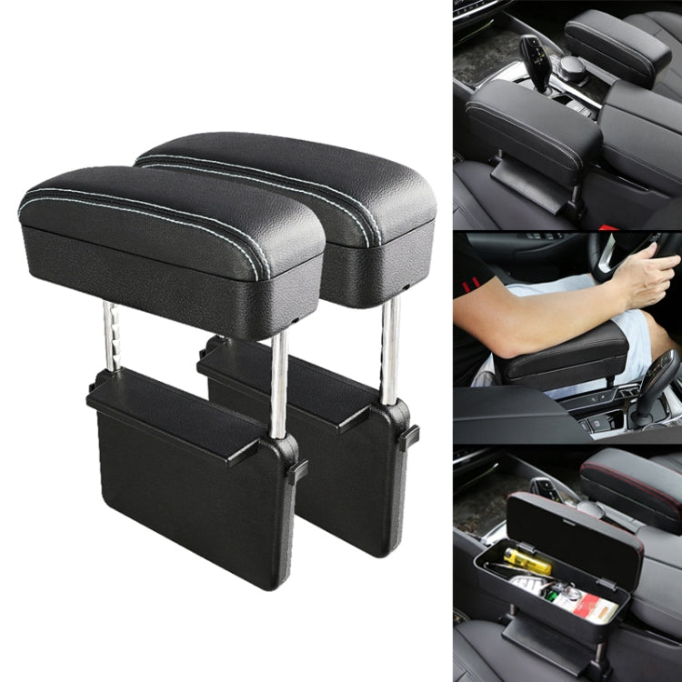 Car armrest storage box cushion in black PU leather with white stitched trim, dual lids open