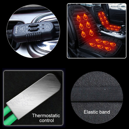 Heated seat cushion covers with thermostat control and fabric elastic band details