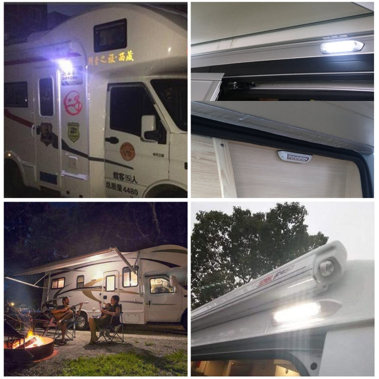 White LED dome/stair light mounted inside RV, glowing in multiple views