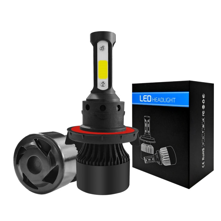 LED headlight bulb set with H13/9008 base, plus retail box with blue LED label.