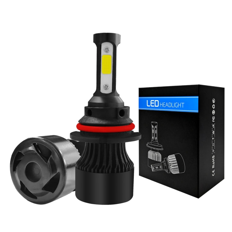 LED headlight bulb pair with black fan housing and COB module, shown with product box