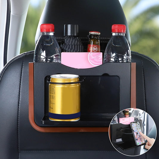 Black foldable hanging storage box with small table holding drinks and snacks