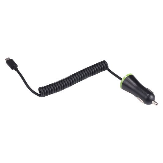 Black spring car charging cable with USB-C plug and green-trimmed adapter