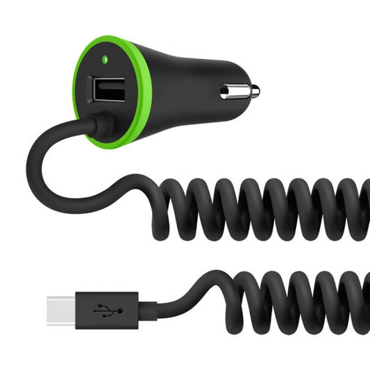 Black mini USB car charger with spring cable and USB-A port, green trim and indicator light