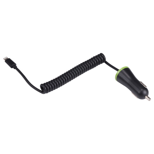 Car charger with spring coiled cable, USB connector on one end and metal plug on the other