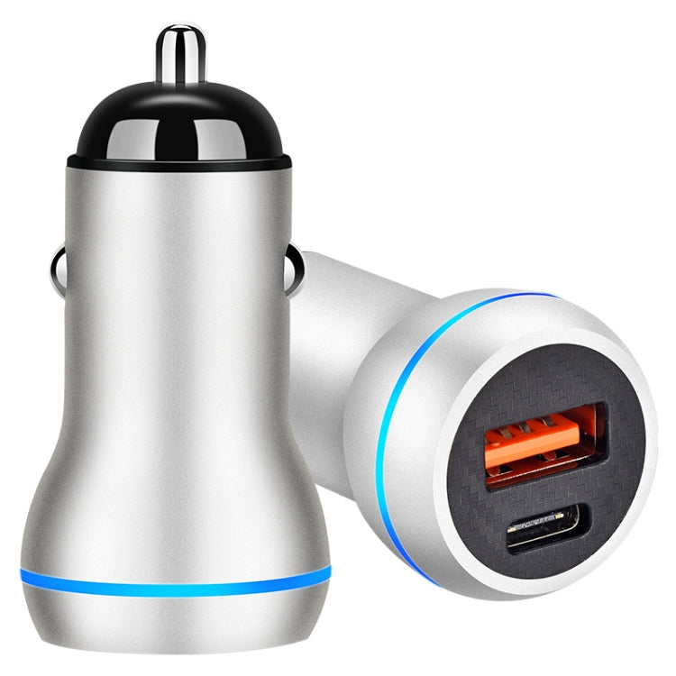 Silver car USB fast charger with USB-A and USB-C ports, blue accent ring