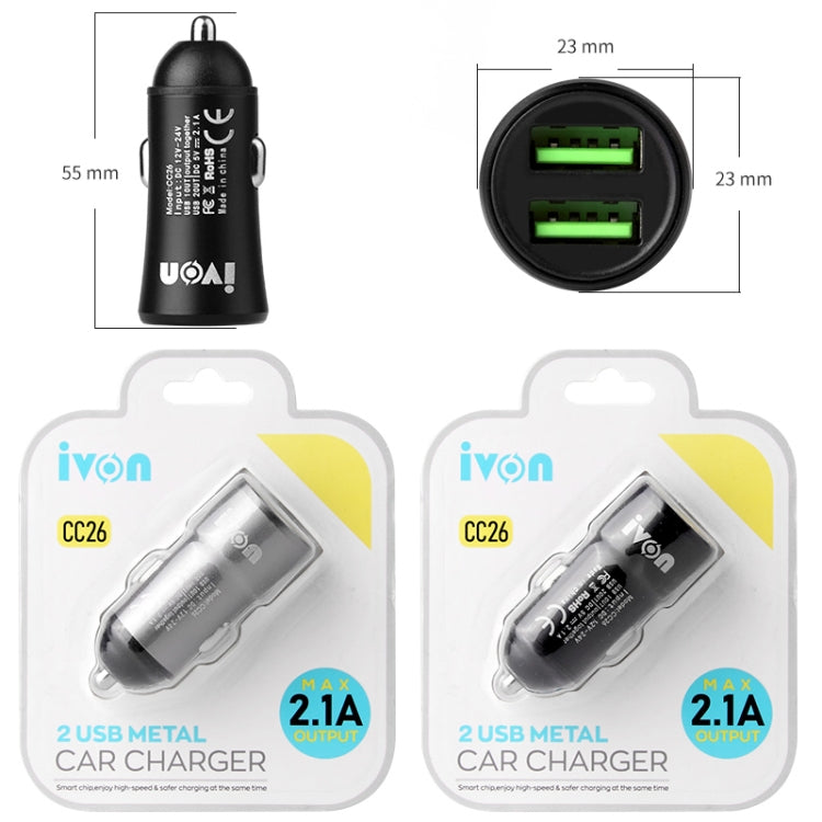 IVON CC26 5V 2.1A Dual USB Port Mini Car Charger, CC26 Grey, CC26 Black