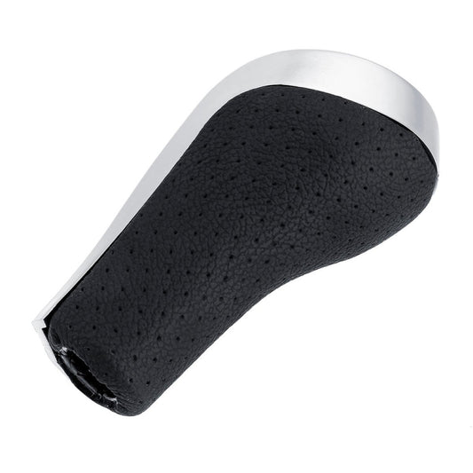 Black perforated leather grip sleeve for a matte silver gear shift knob