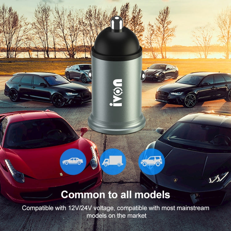 Black compact IVON mini car charger with two USB ports