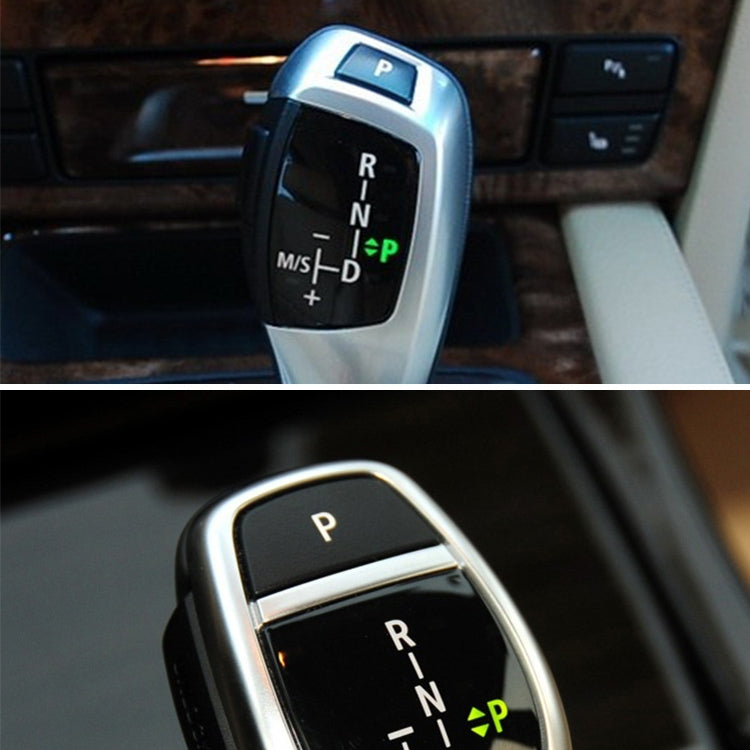 Car gear lever P button cap on shift handle, “P” icon on black display panel