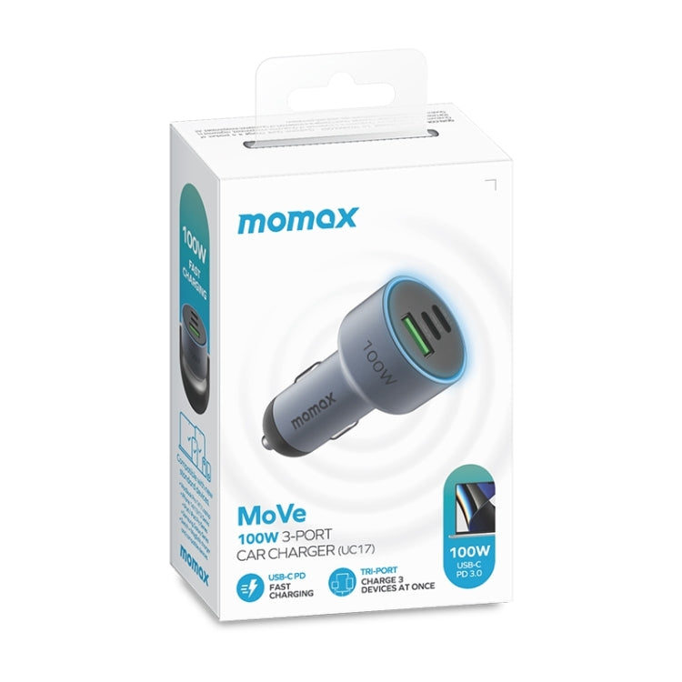 MOMAX 100W car charger retail box showing the compact charger with blue highlights