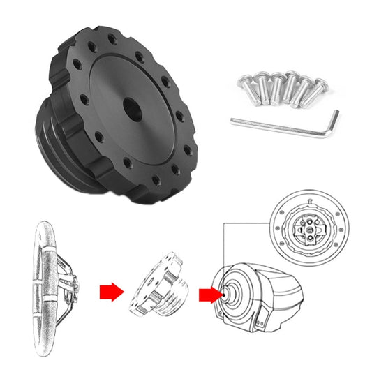 Black gaming steering wheel connection adapter hub with bolt holes and axle opening