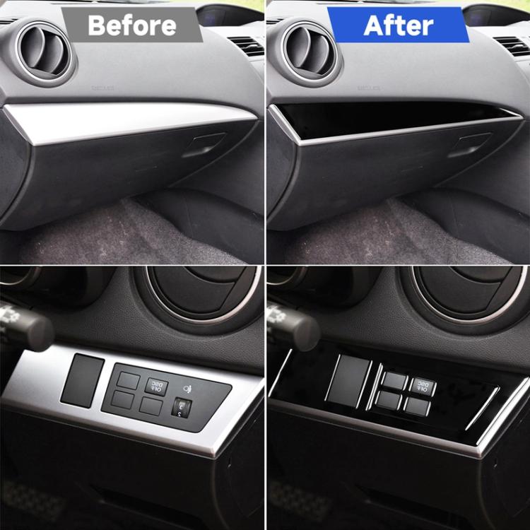 Glossy black dashboard trim sticker with silver button and window cutouts