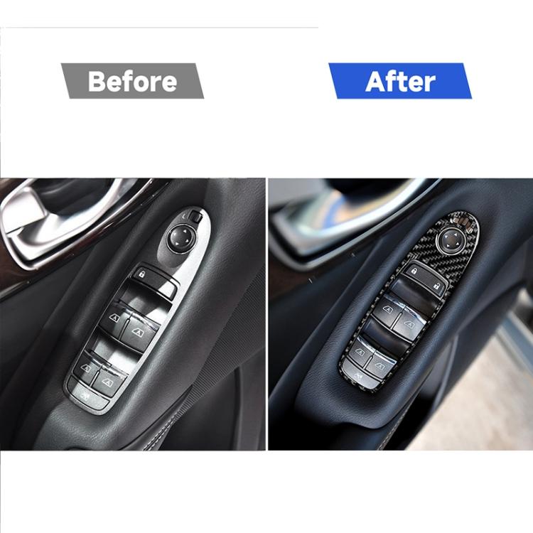Window switch control cluster with black carbon fiber-look trim around button controls