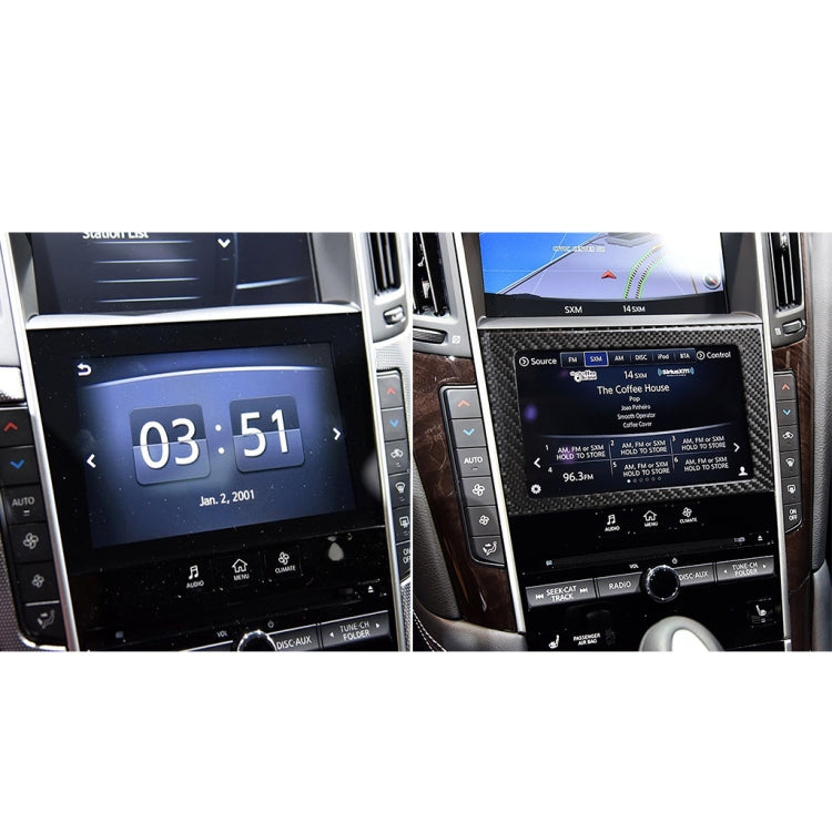 Dashboard before-and-after showing installed carbon fiber-look navigation frame, dark gray