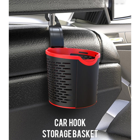 Car hook storage basket clipped to a seat with red top handle