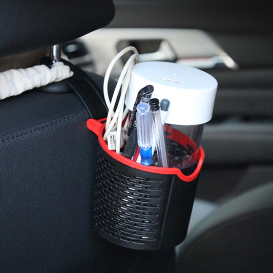 Car hook storage basket with red rim, holding small bottles and accessories
