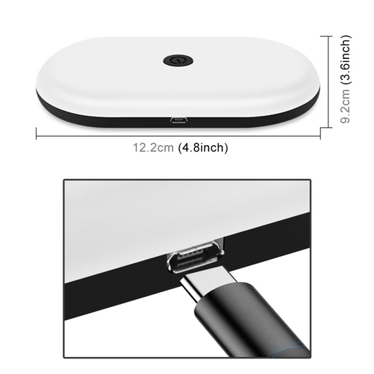 Oval dome reading lamp, white top and black base; 12.2 cm length shown.