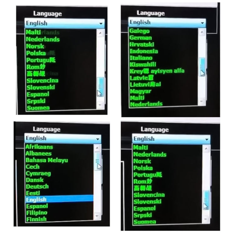 Language selection screens with English and multiple supported languages