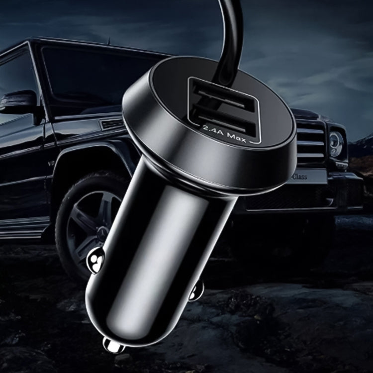 Metal and black 3-in-1 car charger adapter with dual USB port and cable