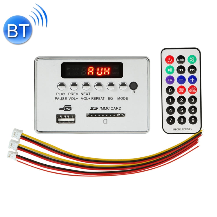 Silver 12V car MP3 player decoder board kit with BT icon, remote, FM screen and wires